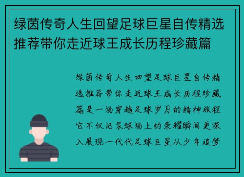 绿茵传奇人生回望足球巨星自传精选推荐带你走近球王成长历程珍藏篇